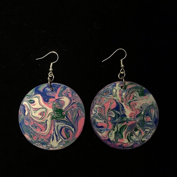 Gorgeous Colorful Acrylic Paint Poured On Both Sides Earrings! - Picture 2 of 6